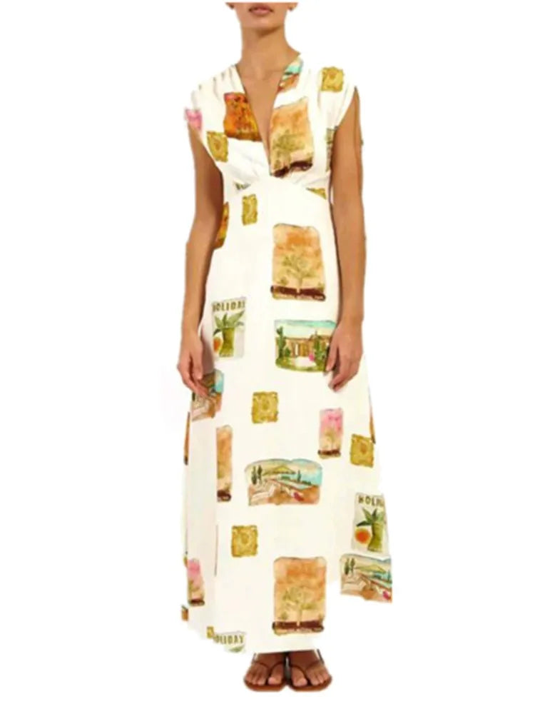 Ramie Colorful Printed Long Dresses for Sleeveless V-neck Y2k Style Dress Temperament A-line Maxi Vestidos