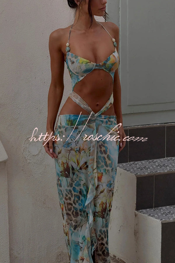 Dreaming Body Mesh Printed Beaded Strap Cutout Twist Waist Stretch Maxi Dress