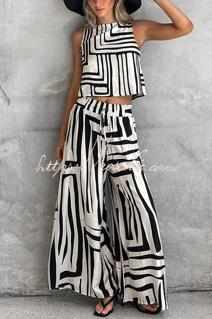 Striped Printed Sleeveless Top and Elastic Waist Loose Pocket Wide-leg Pants Set