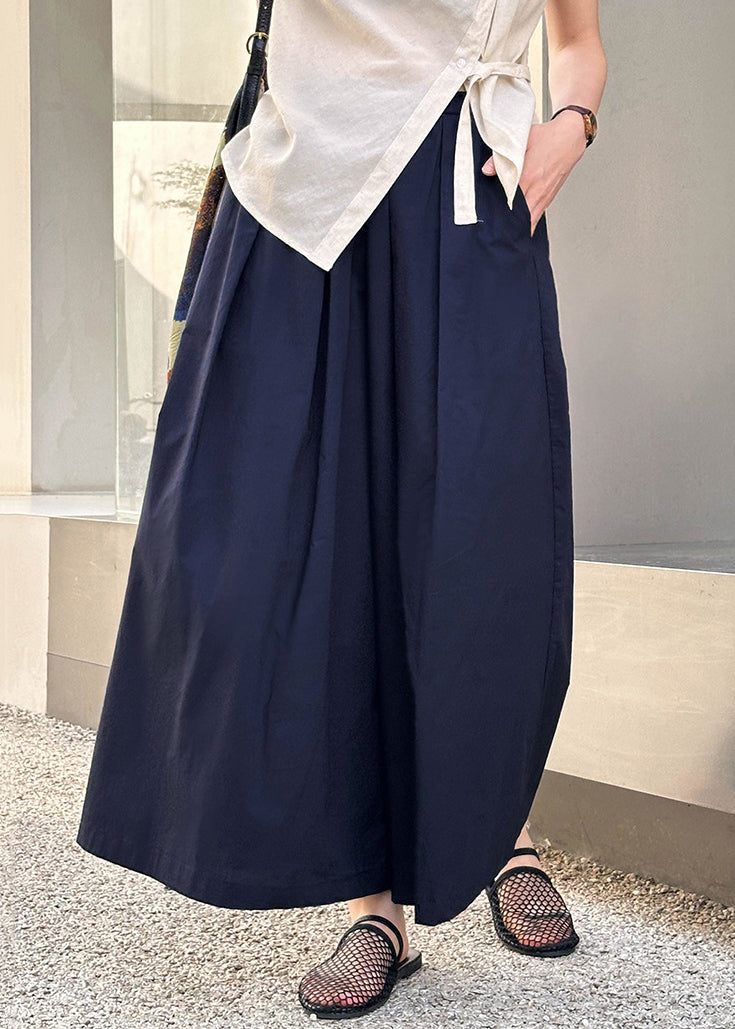 New Navy Pockets Elastic Waist Cotton Crop Pants Summer Af1077