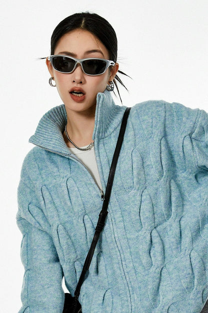 Ribbed Trim Cable Knit Zip-up Cardigan