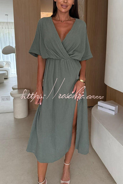 Linen Blend Color V-neck Short Sleeve Waist Loose Slit Midi Dress