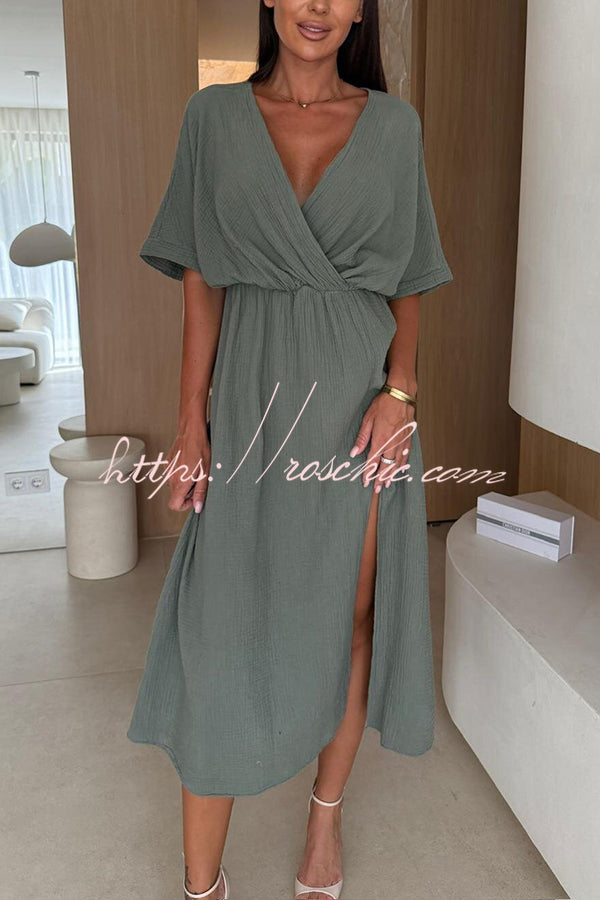 Linen Blend Color V-neck Short Sleeve Waist Loose Slit Midi Dress