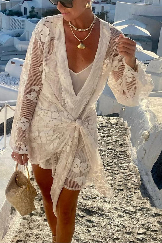 Beach Elegance Lace Long Sleeve Wrap Tie-up Vacation Mini Dress