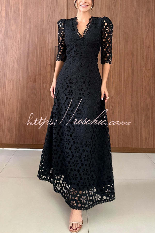 Best Day Ever Crochet Lace Puff Sleeve Lined Maxi Dress