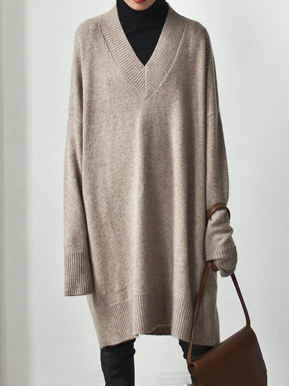 Stylish Loose Camel V-neck Long Sleeve Sweater Dress Qx006