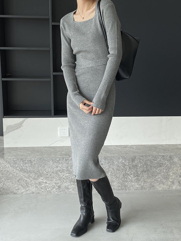 Simple Skinny Long Sleeves Color Square-neck Sweater Dresses