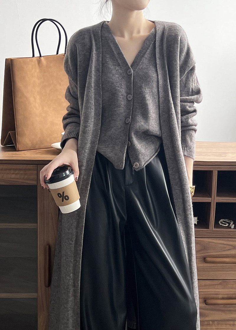 Loose Camel V Neck Tank and Cardigan Knit Two Piece Set Fall Af1097