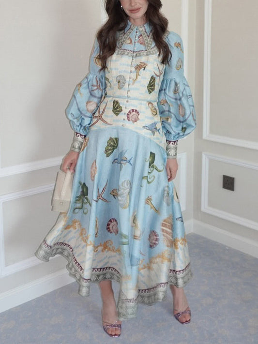 Unique Deep Sea Print Single Breasted Midi Dress