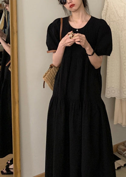 Simple Black Patchwork Wrinkled Maxi Dresses Short Sleeve Tt1042
