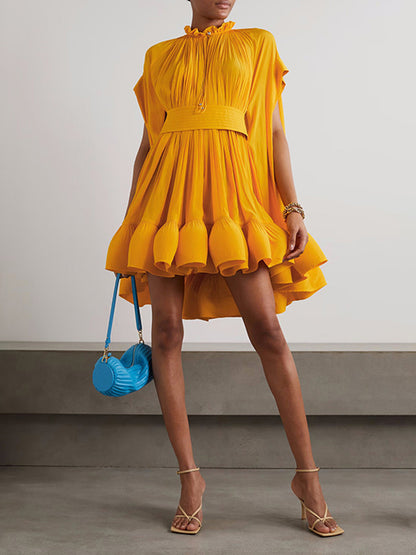 High-low Loose Pleated Split-joint Stand Collar Mini Dresses