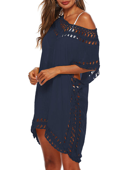 Loose Raglan Sleeve Hollow See-through Color Split-joint V-neck Mini Dresses