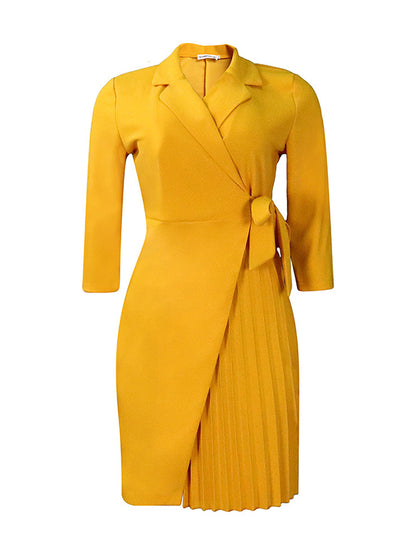 Three-quarter Sleeves Pleated Color Split-front Tied Waist V-neck Mini Dresses