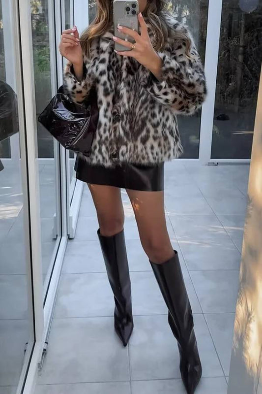 Leopard Print Faux Fur Turndown Collar Fuzzy Coat-brown