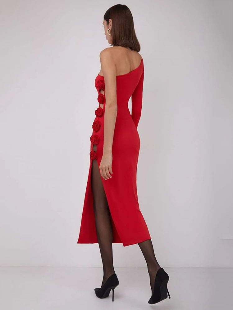 One Shoulder Long Sleeve 3d Flower Dress ’s High Split Bodycon Backless Midi Dress Female Party Club Evening Dress