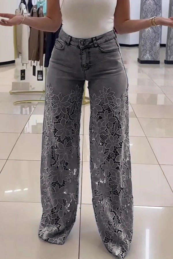 Hollow Lace Stitching Pocket Denim Wide-leg Pants