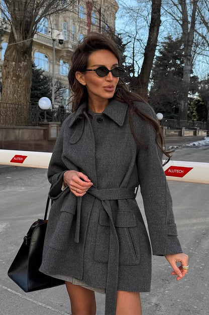 Color Lapel Belted Wool Coat