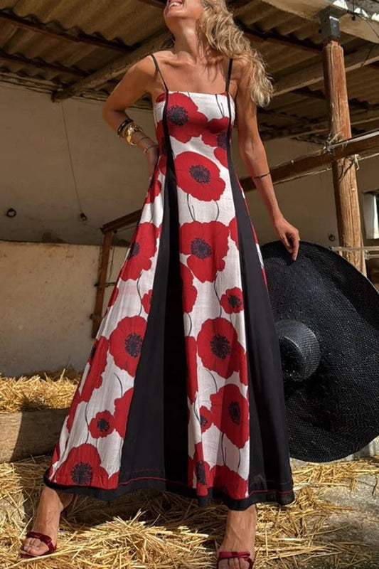 Print Suspenders Paneled Back Pleated Maxi Dress