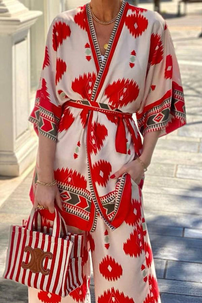 Pop of Red Print Belted Kimono and Elastic Waist Pocket Cropped Pants Set