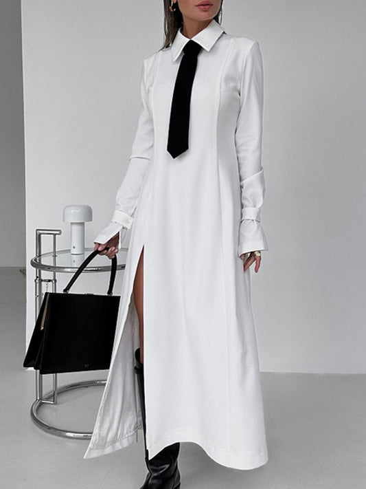A-line Flared Sleeves Buttoned Color Split-joint Split-side Lapel Maxi Dresses Shirt Dress