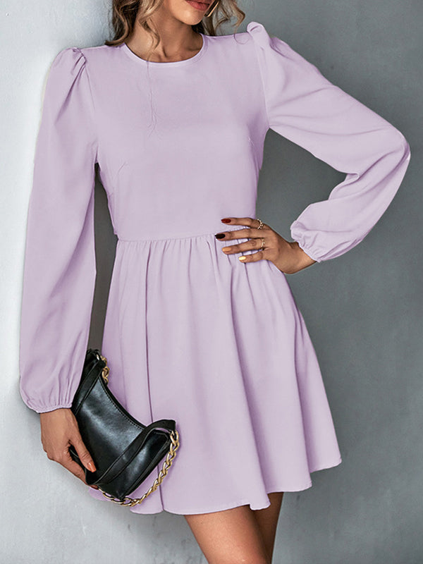 A-line Bishop Sleeve Backless Elasticity Hollow Pleated Color Tied Round-neck Mini Dresses