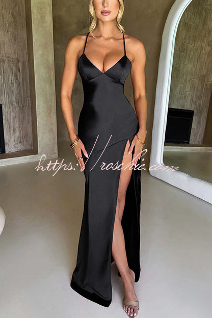 Satin Color Backless Lace Up High Slit Maxi Dress