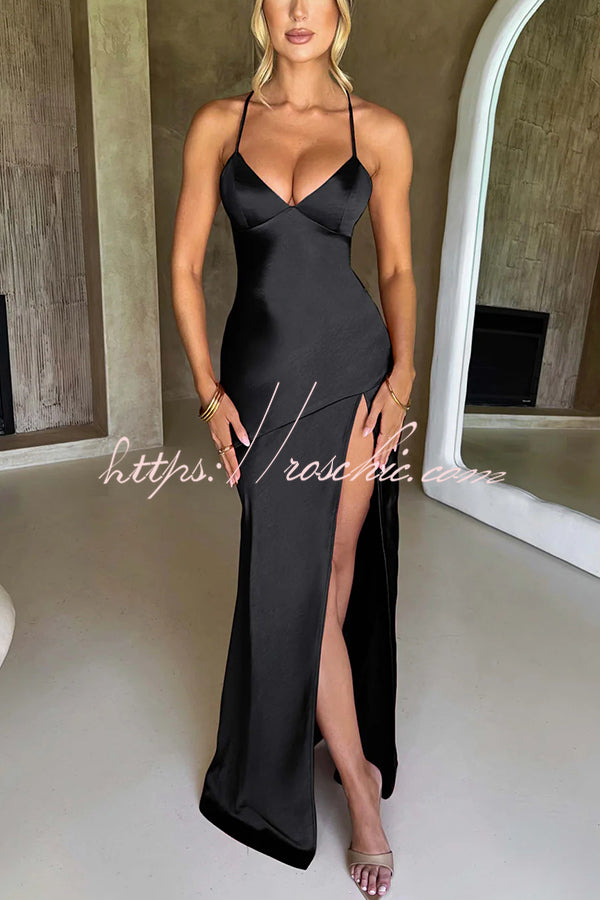 Satin Color Backless Lace Up High Slit Maxi Dress