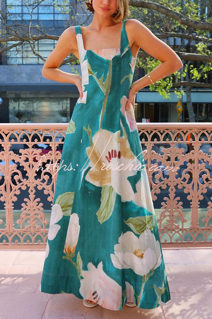 Print Sleeveless Square Neck Big Hem Maxi Dress
