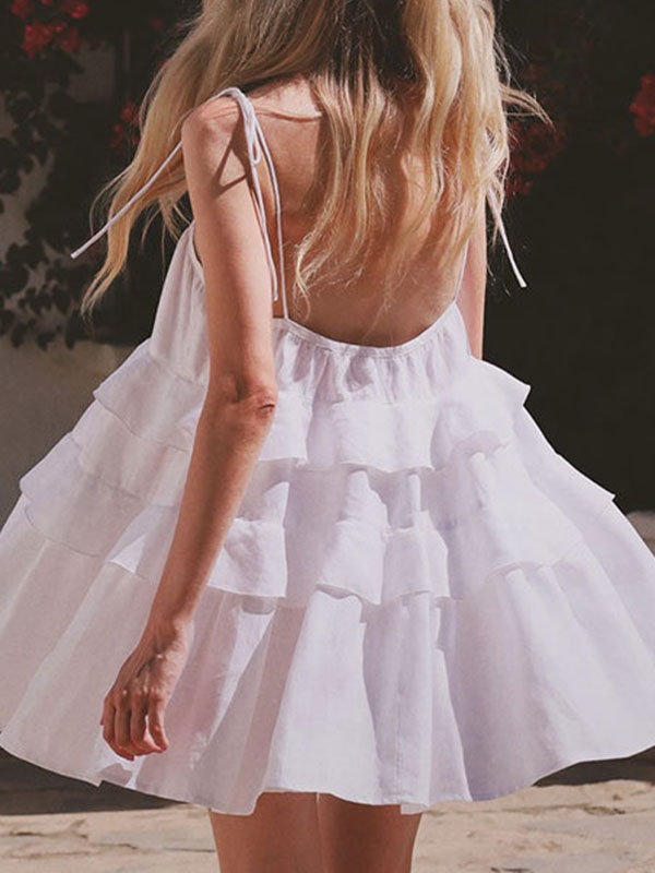 High Waisted Loose Backless Layered Pleated Color Tied Spaghetti-neck Mini Dresses