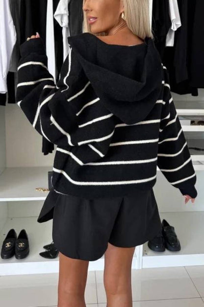 And Comfort Knit Striped Button Up Pocketed Loose Hooded Cardigan