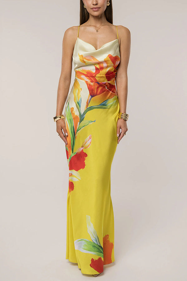 Luisa Satin Print Cowl Neck Open Back Tie-up Maxi Dress