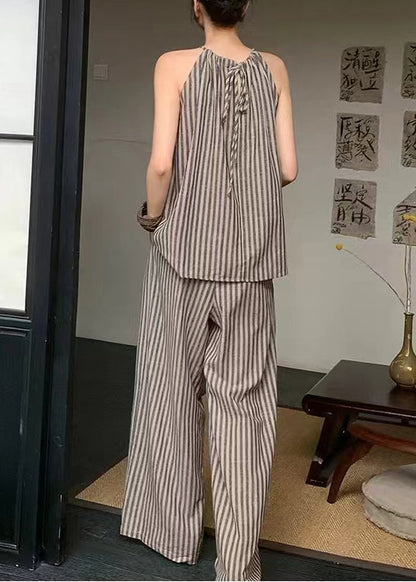 French Coffee Striped Top Wide Leg Pants Two Piece Set Summer Ee055