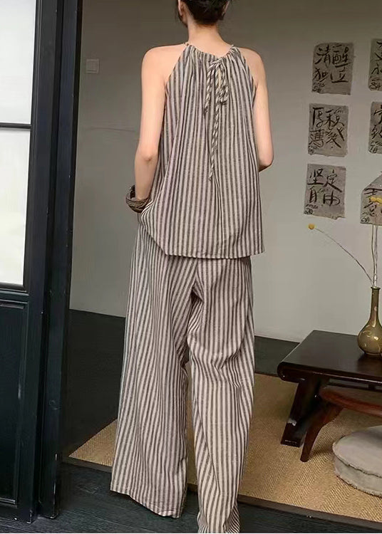 French Coffee Striped Top Wide Leg Pants Two Piece Set Summer Ee055