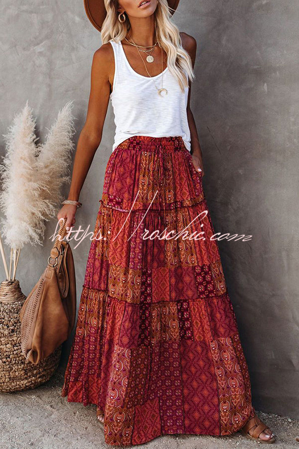 Print Stretch Elastic Waist Pocket High Waist Skirt