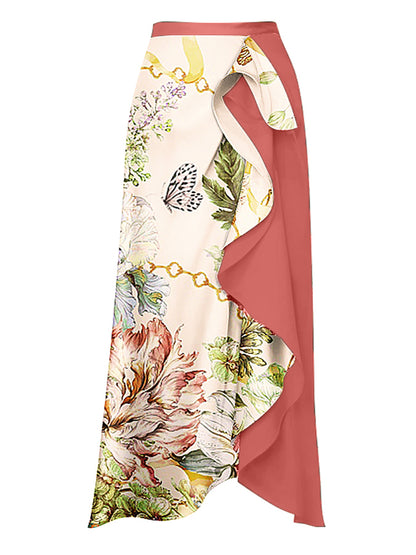 One Shoulder Print One Piece Swimsuit and Skirt