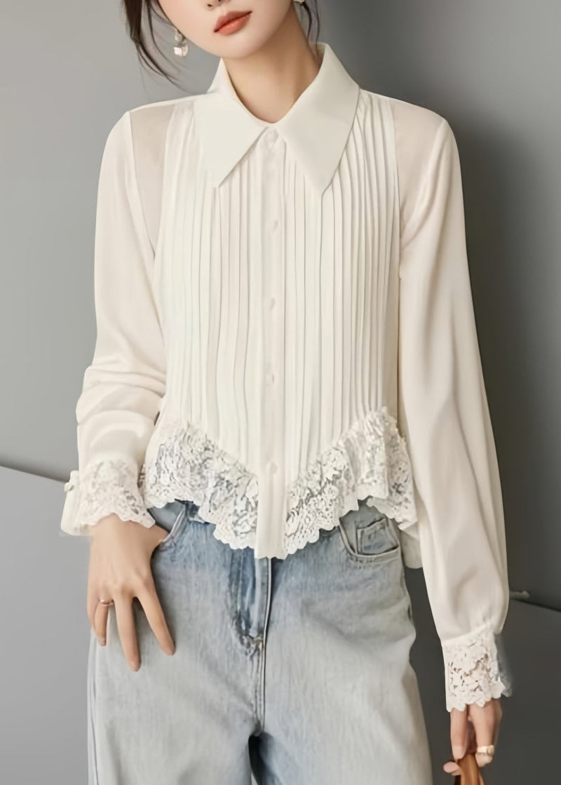 Art White Button Lace Chiffon Blouses Spring Rv040