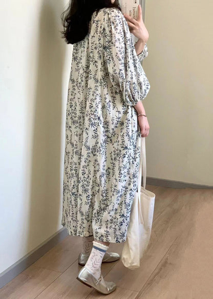 Button Print Tie Waist Cotton Long Dress Summer Qp057
