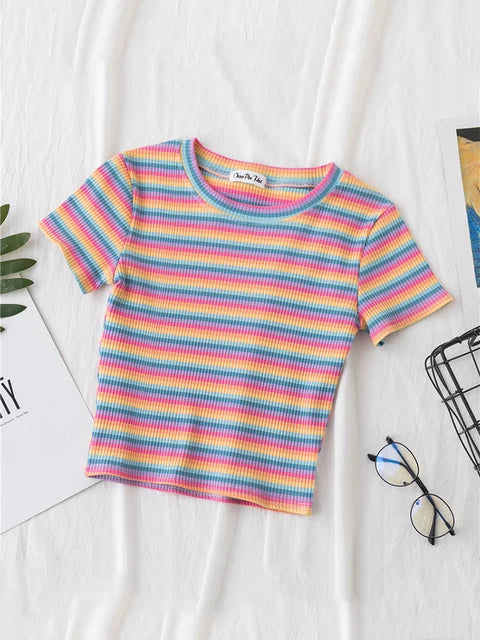 New T Shirt Rainbow Striped Tops Slim Fit T Shirt Harajuku Tshirt Summer Short Sleeve Korean T-shirt Feminina Clothes Tops