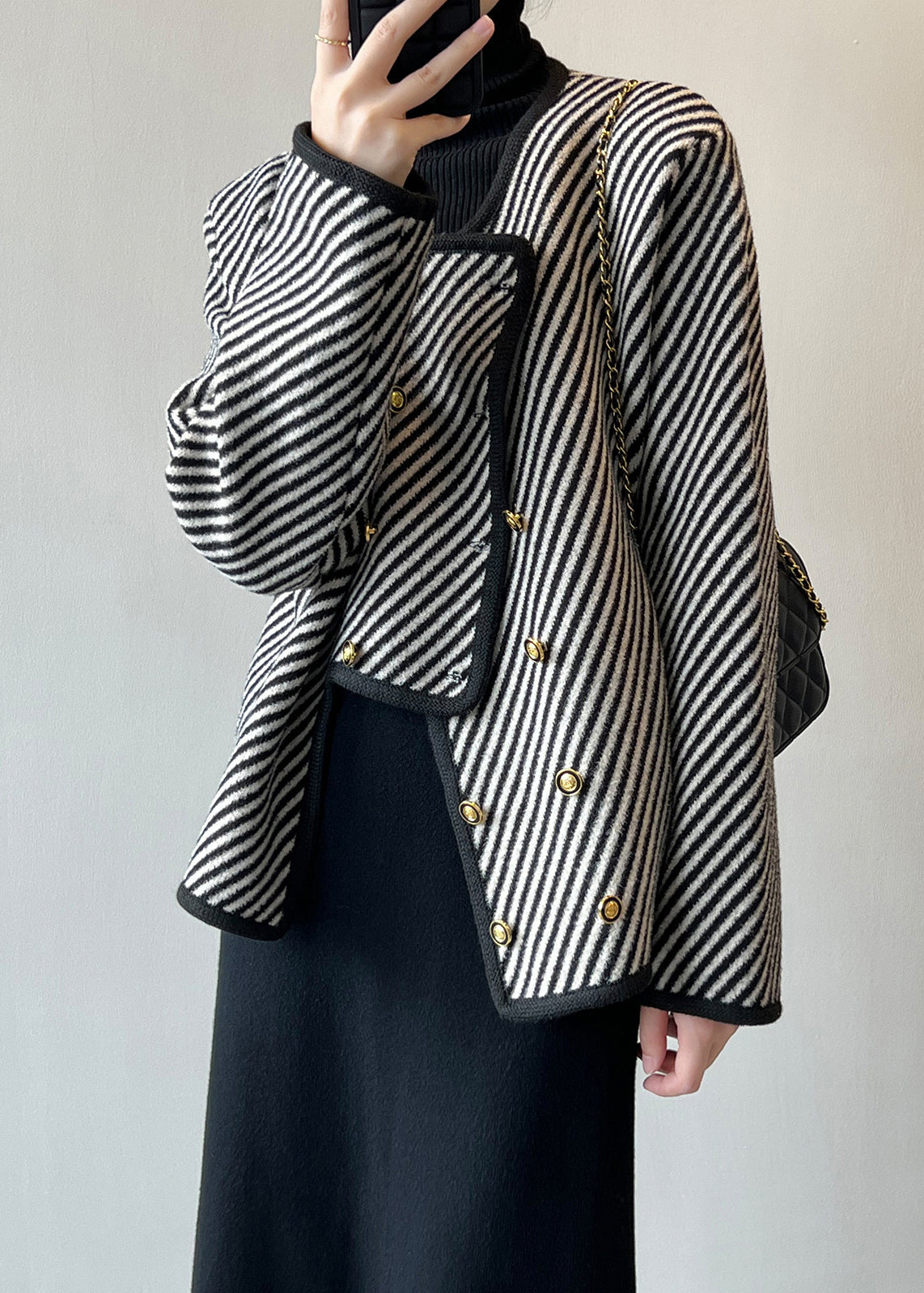 Italian Asymmetrical Striped Double Breast Cotton Coats Fall Af1054