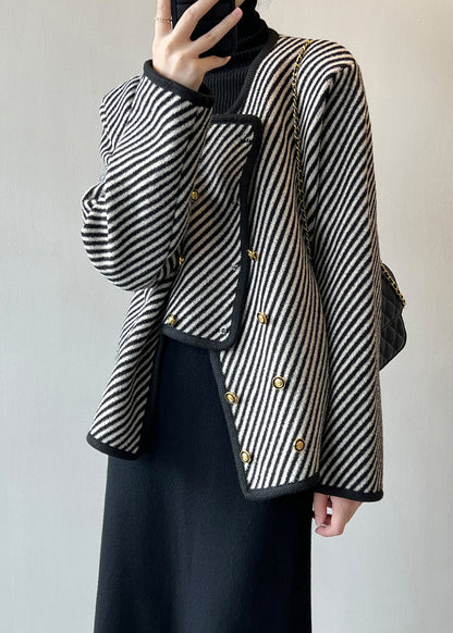 Italian Asymmetrical Striped Double Breast Cotton Coats Fall Af1054