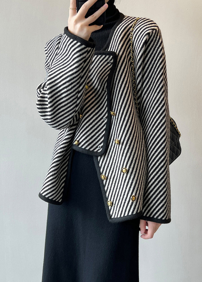 Italian Asymmetrical Striped Double Breast Cotton Coats Fall Af1054
