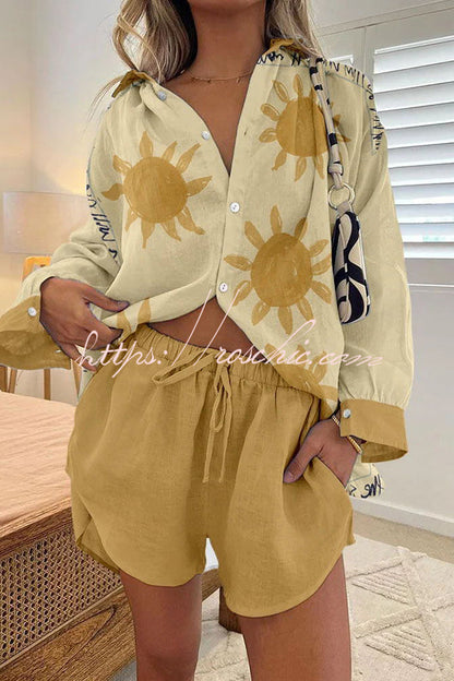 Simple Summer Sun Print Buttoned Lace Up Shorts Set