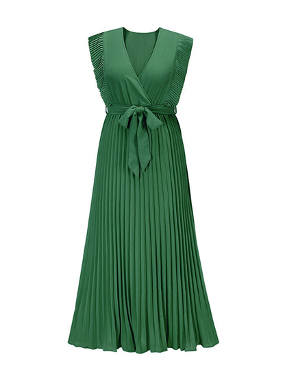 Loose Sleeveless Pleated Color Split-joint Tied Waist V-neck Maxi Dresses