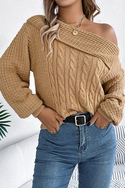 Color One Shoulder Long Sleeve Knitted Sweater