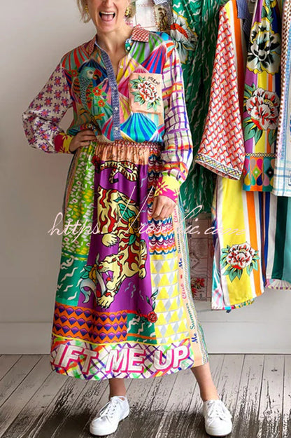 Satin Colorful Unique Print Elastic Waist Pocket Vacation Midi Skirt