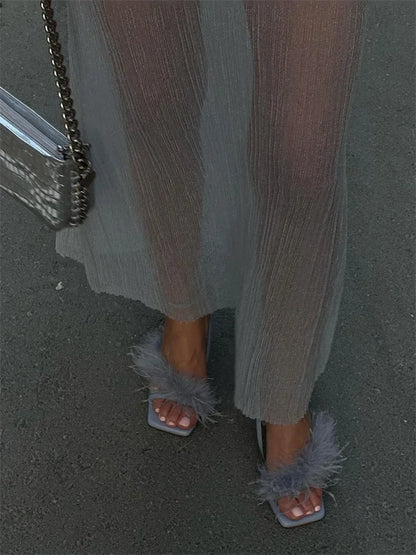 Mesh Pleated See-through Long Skirt – Hollow Out High Waist Maxi Skirt