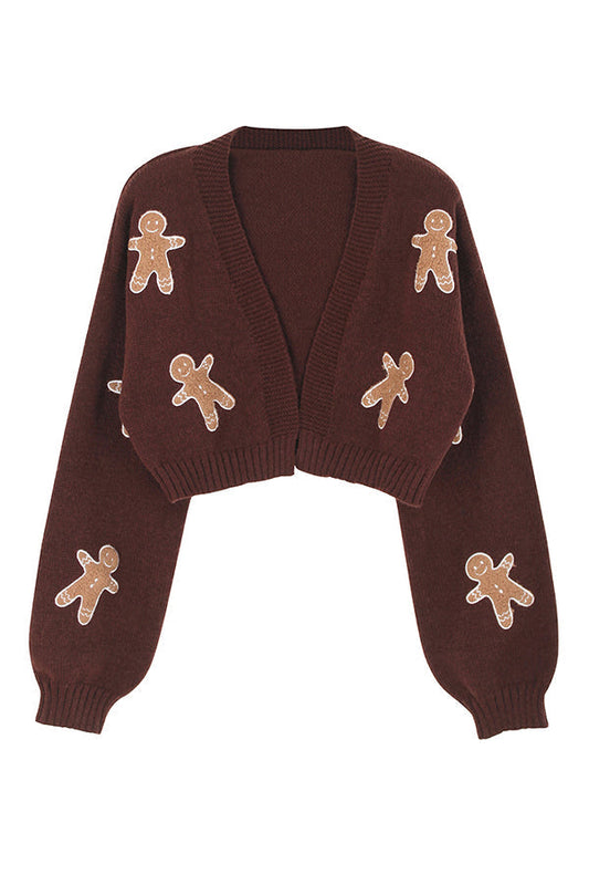 Fashionable Cookie Man Pattern Short Knitted Cardigan