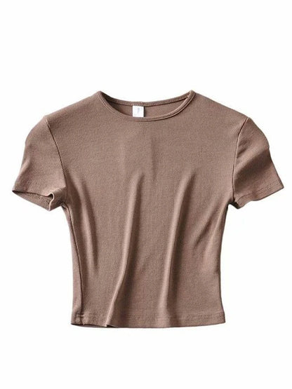 Summer Woman Slim Fit T-shirt Tight Cotton Short-sleeve O-neck Tee Crop Tops