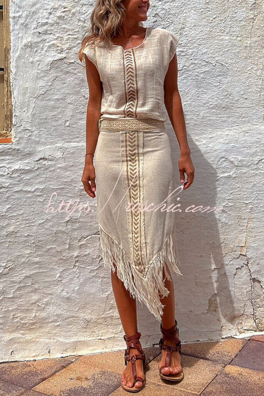 Chill Style Linen Blend Print Wrap Tassel Midi Skirt