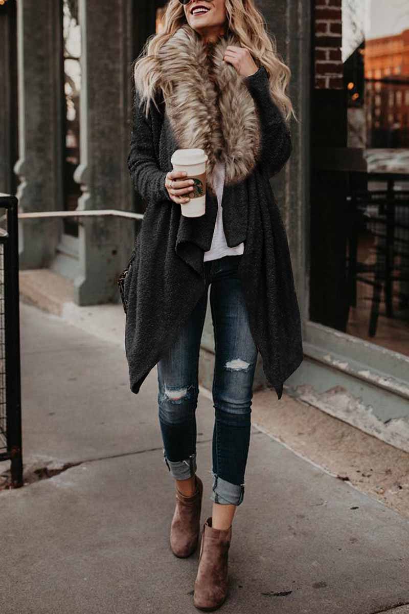 Fur Collar Cardigan Plush Trench Coat